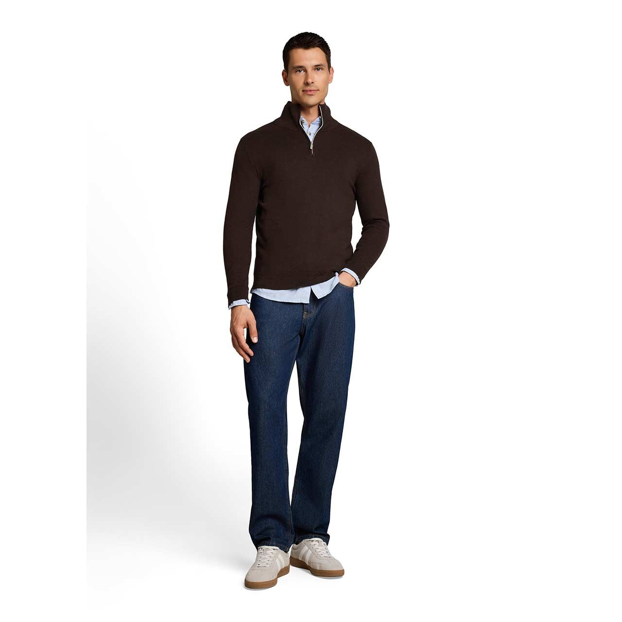 Herren Pullover Troyer Cashmere Knitted von Tom Tailor in Dunkelbraun meliert, Ganzkörperansicht