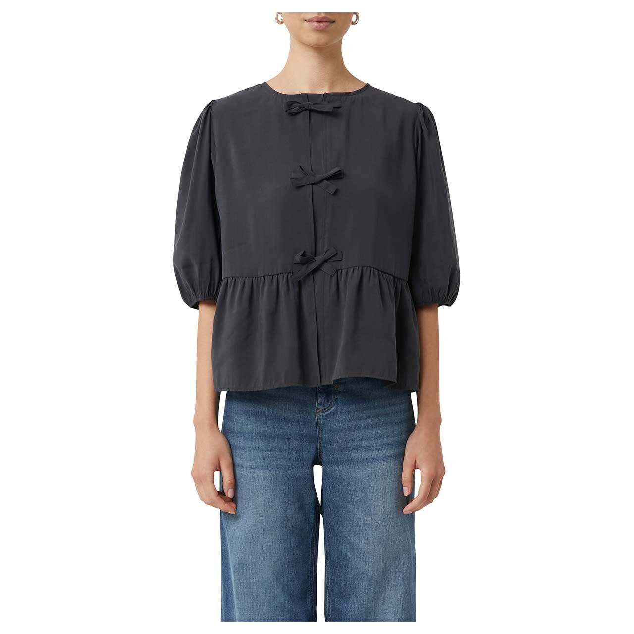 Damen Kurzarm Bluse von Comma in Dunkelgrau, Vorderansicht am Model