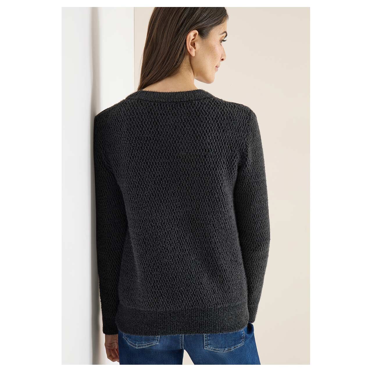 Damen Strickjacke Featheryarn Cardigan von Cecil in Dunkelgrau, Rückansicht am Model