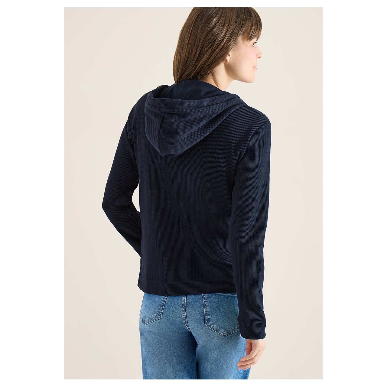 Damen Hoodie Shirtjacke von Cecil in Dunkelblau, Rückansicht mit Model