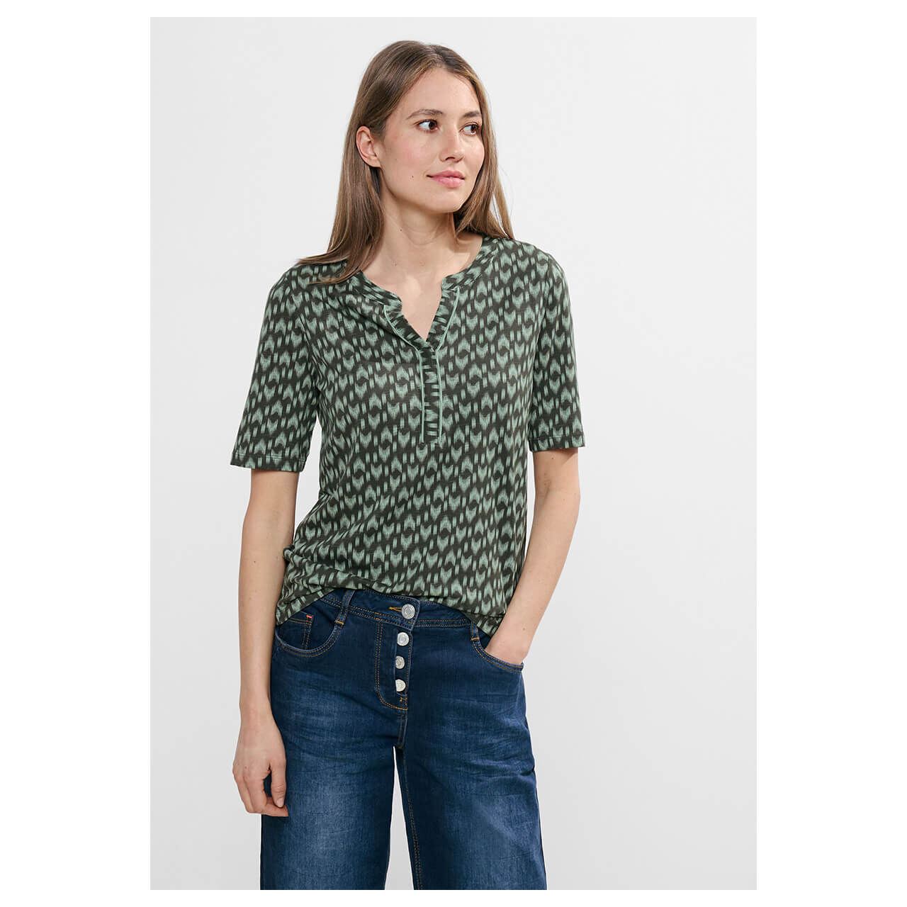 Cecil Damen T-Shirt Minimal Tunic Splitneck strong khaki printed