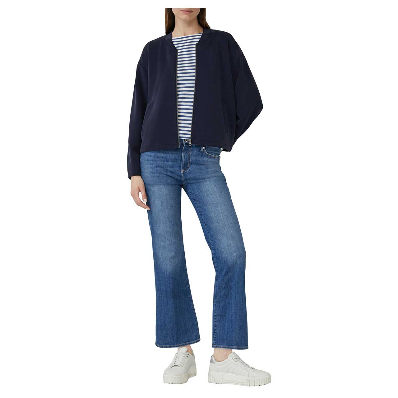Damen Langarm Shirt von s.Oliver in Blau gestreift, Vorderansicht mit Jacke