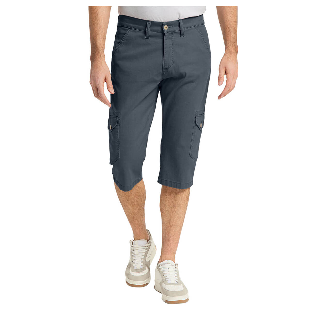 Stretch Herren 3/4 Cargo Baumwollhose Paul Megaflex in Dunkelblau von Pioneer, Nahaufnahme Model Vorderansicht