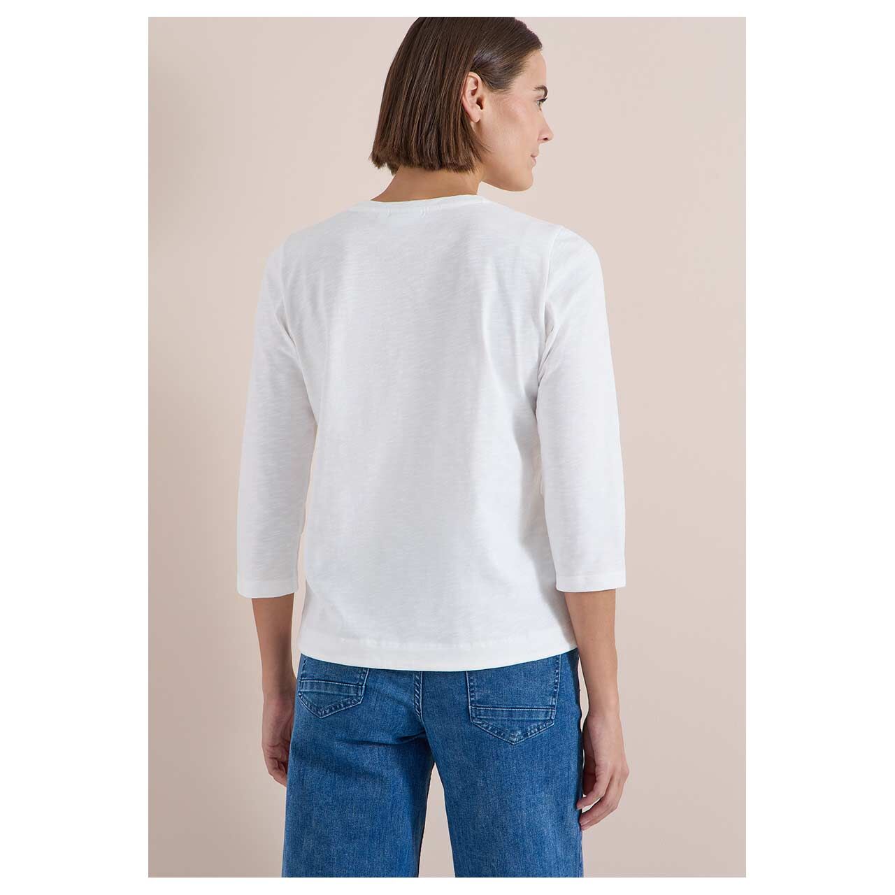 Damen 3/4 Arm Shirt Soft Slubyarn von Cecil in Cremeweiß meliert, Rückansicht am Model