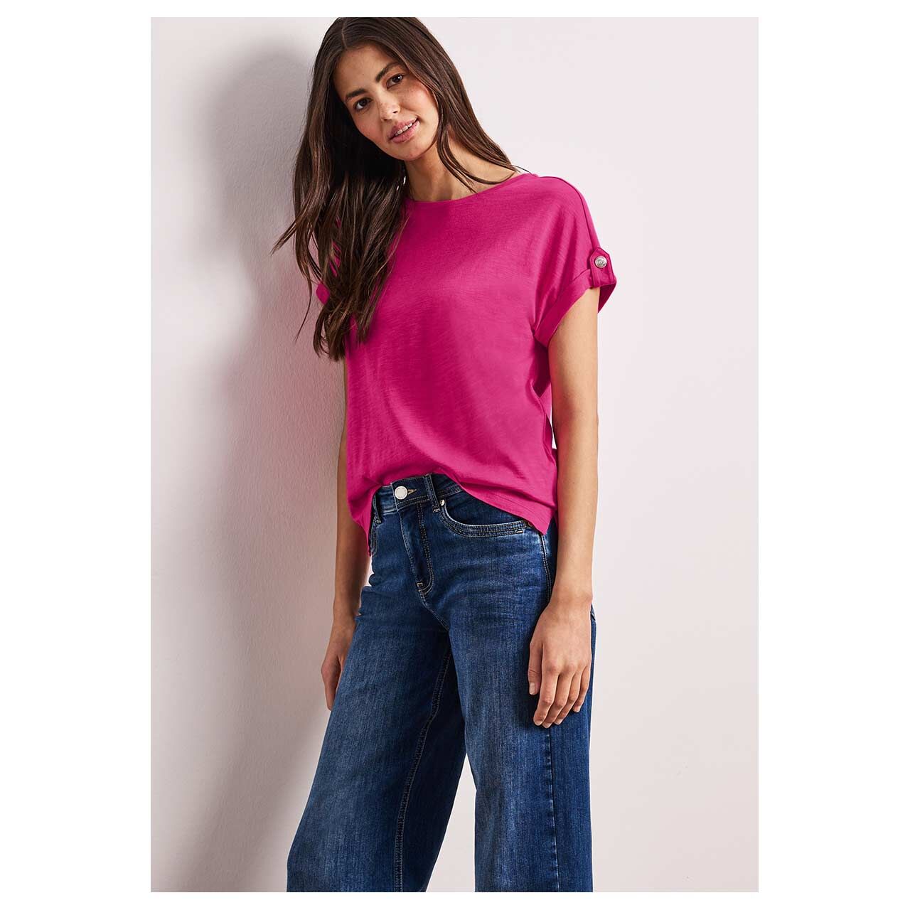 Damen T-Shirt Basic Deco Buttons von Street One in Pink meliert, Vorderansicht am Model