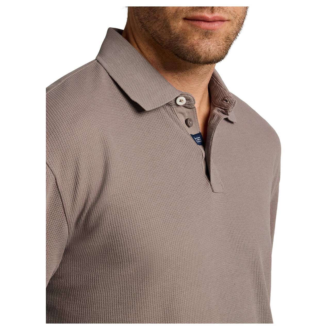 Herren Polo Langarmshirt Structured von Tom Tailor in Greige, detaillierte Vorderansicht am Model