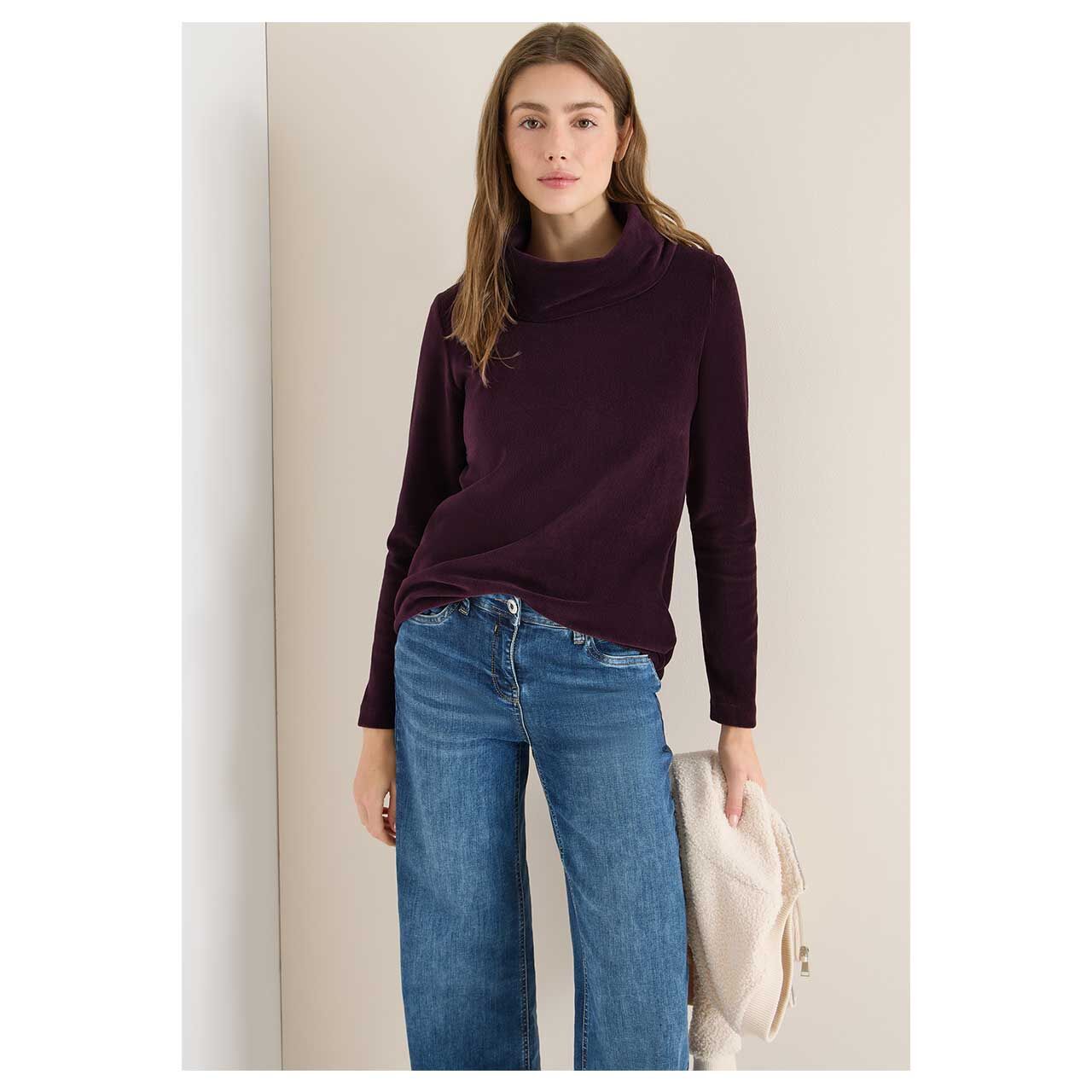 Damen Cord Pullover Big Collar von Cecil in Lila, Vorderansicht am Model