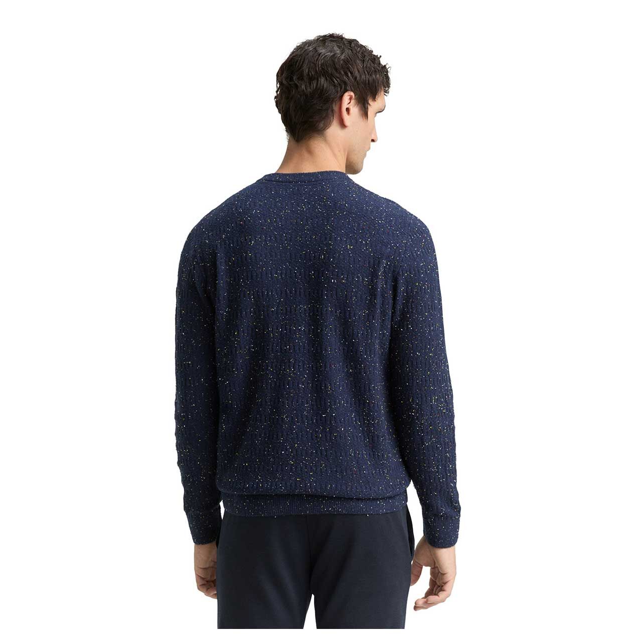 Herren Pullover Knitted Crew Neck in Dunkelblau mit Print, Rückansicht am Model