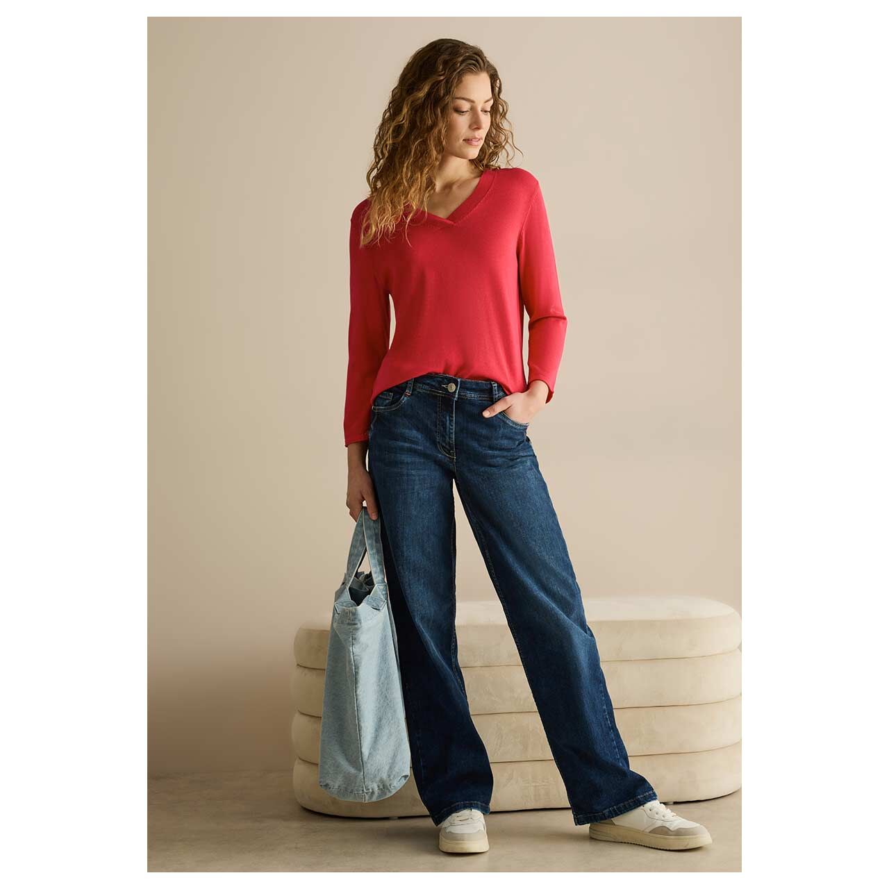 Cecil Damen 3/4 Arm Pullover V-neck Sweater granita red