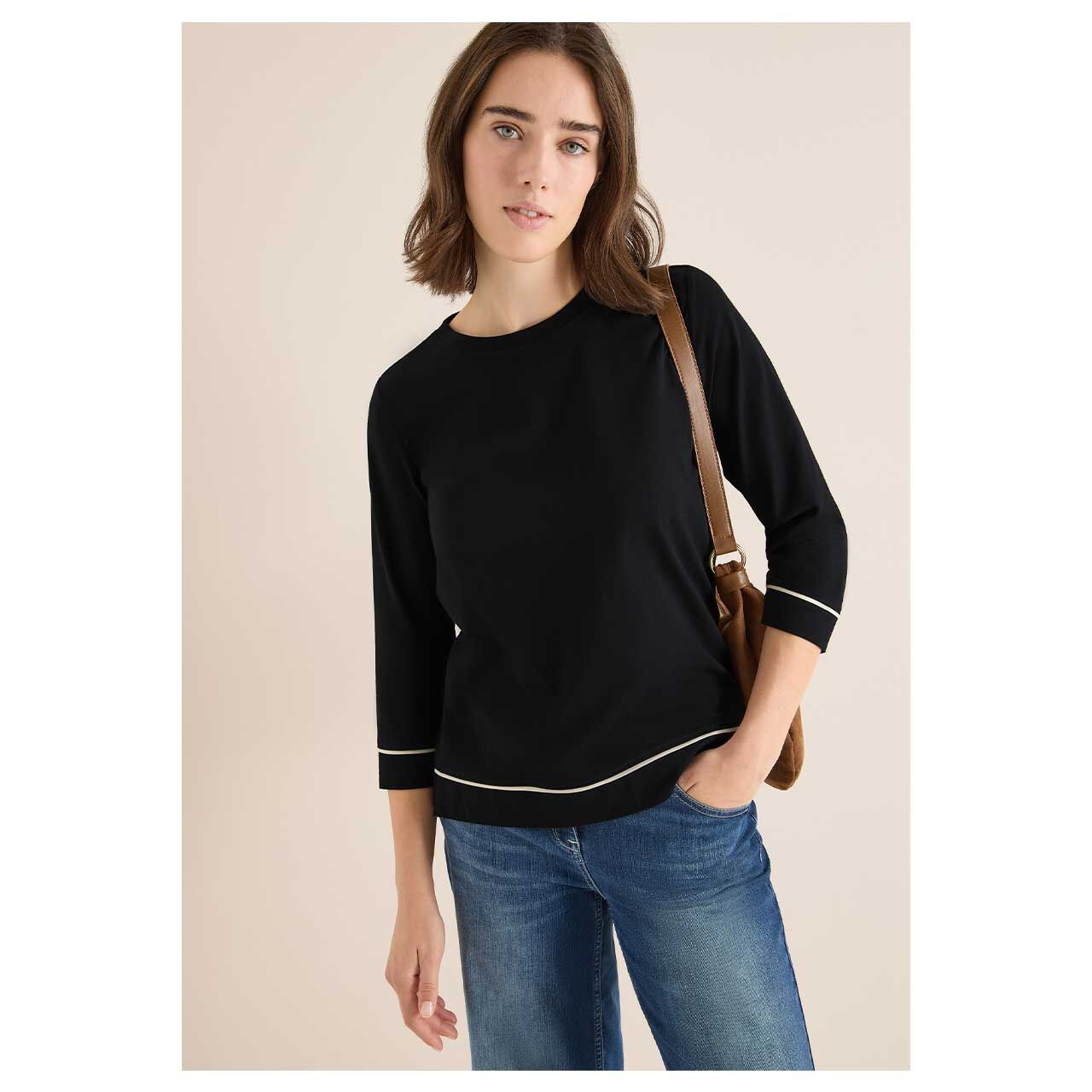 Damen 3/4 Arm Shirt Piping Detail Round Neck von Cecil in Schwarz, Vorderansicht am Model