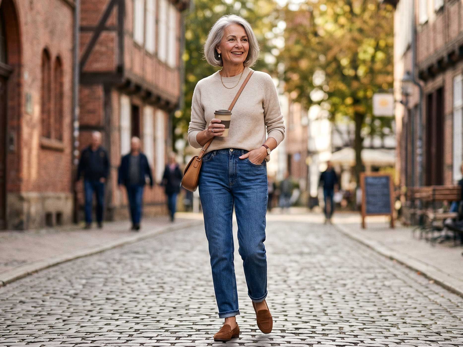 Eine stilvolle Frau über 60 trägt blaue Jeans mit cremefarbenem Pullover und braunen Loafern.