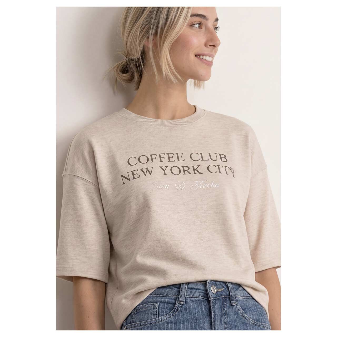 Damen Kurzarm Sweatshirt Short Boxy Crewneck von Street One in Beige meliert, Vorderansicht am Model