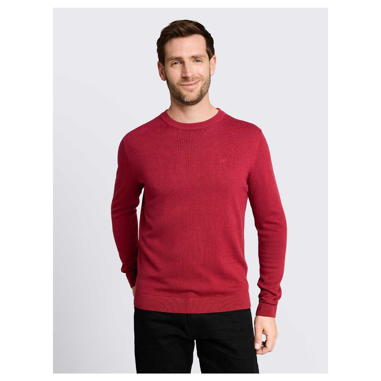 Herren Pullover Basic Crewneck Knit von Tom Tailor in Rot meliert, Vorderansicht am Model