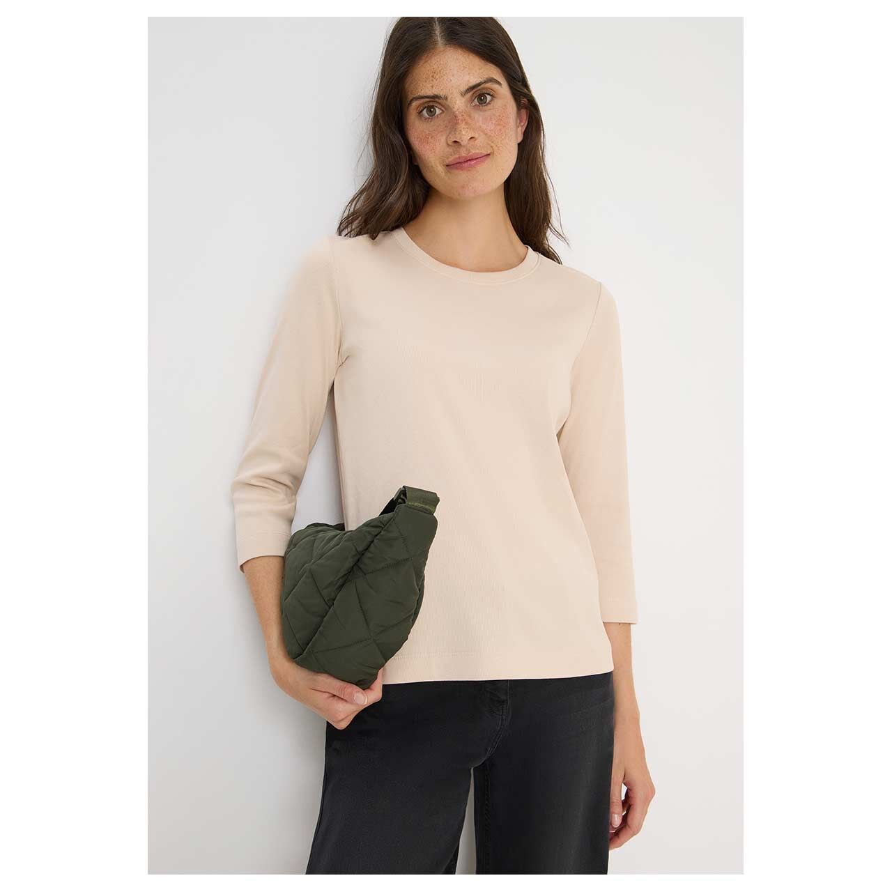 Damen 3/4 Arm Shirt Solid Rib von Cecil in Hellbeige, Vorderansicht am Model