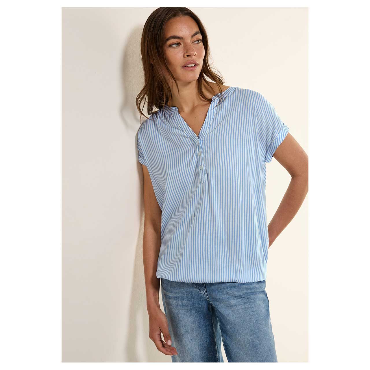 Cecil Damen Kurzarm Bluse Stripe Printed blue