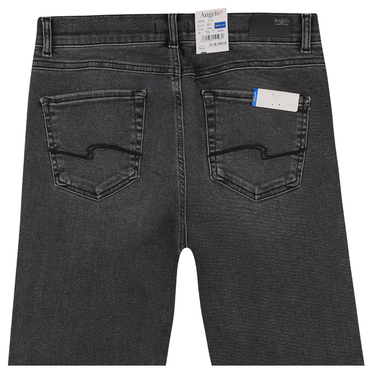 angels-jeans-cici-grey-used-buffi-crinkle-325-hinten Stretch Damenjeans Cici von Angels in Dunkelgrau, detaillierte Rückansicht