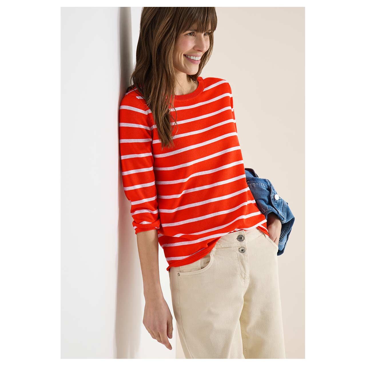 Damen 3/4 Arm Pullover Striped Roundneck Sweater von Cecil in Orange-Rot gestreift, Vorderansicht am Model
