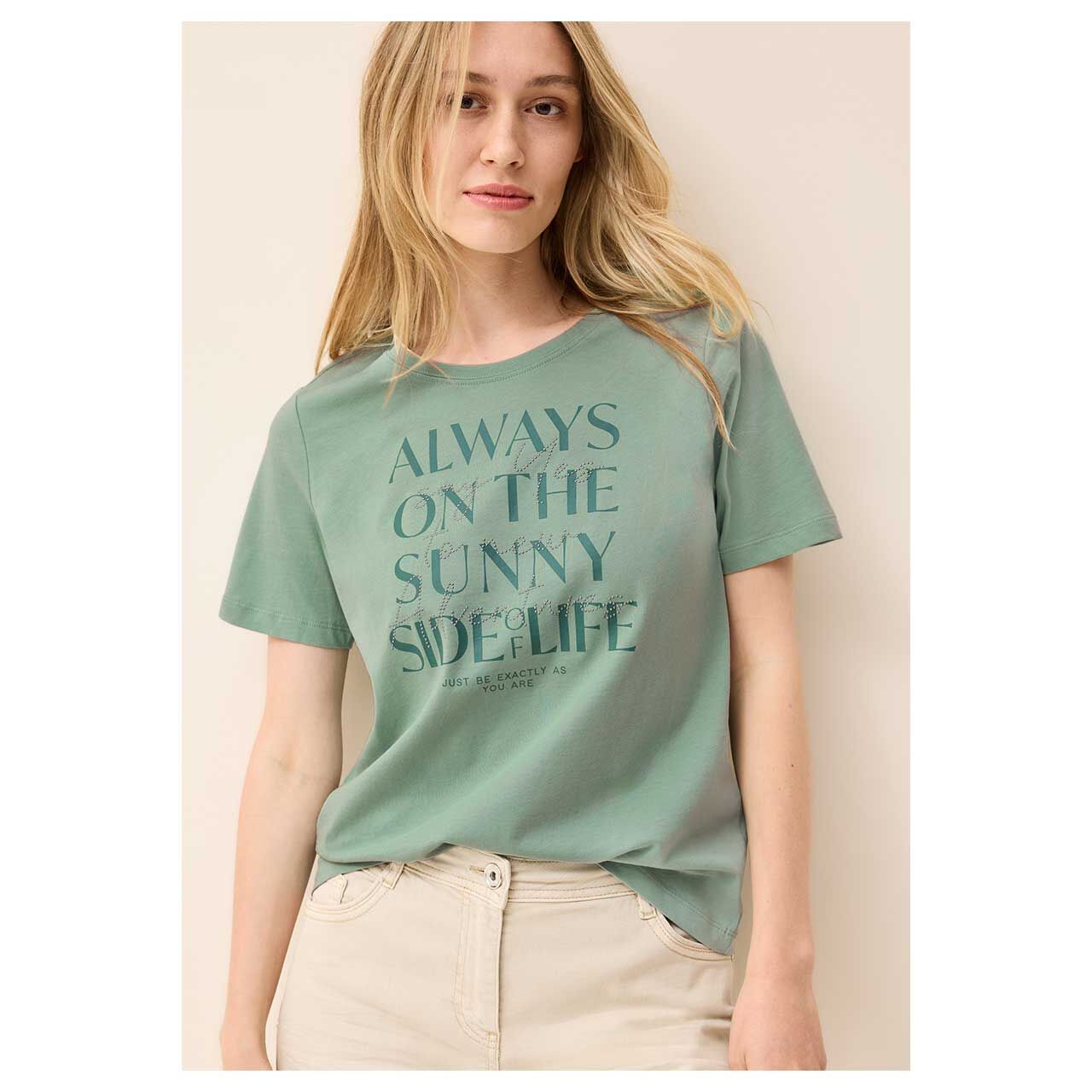 Damen T-Shirt Glitter Foil Print von Cecil in Pastellgrün, detaillierte Ansicht am Oberkörper