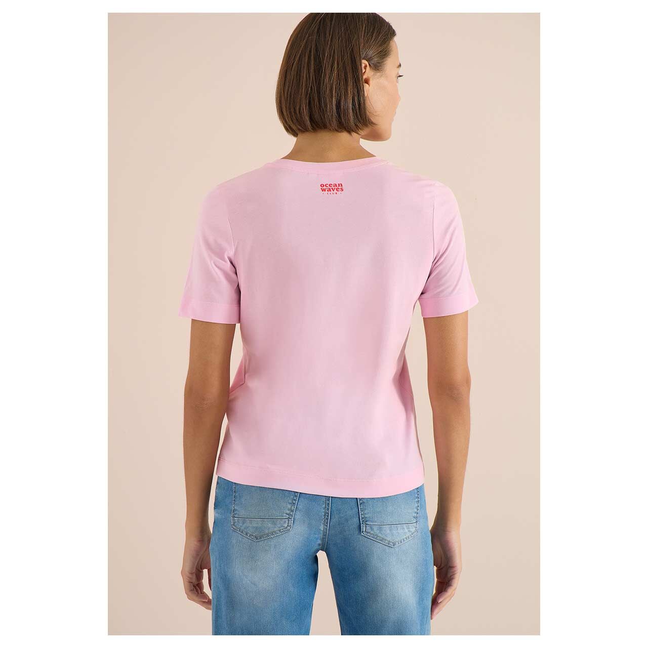 Damen T-Shirt Big Leaves von Cecil in Rosa mit Print, Rückansicht am Model