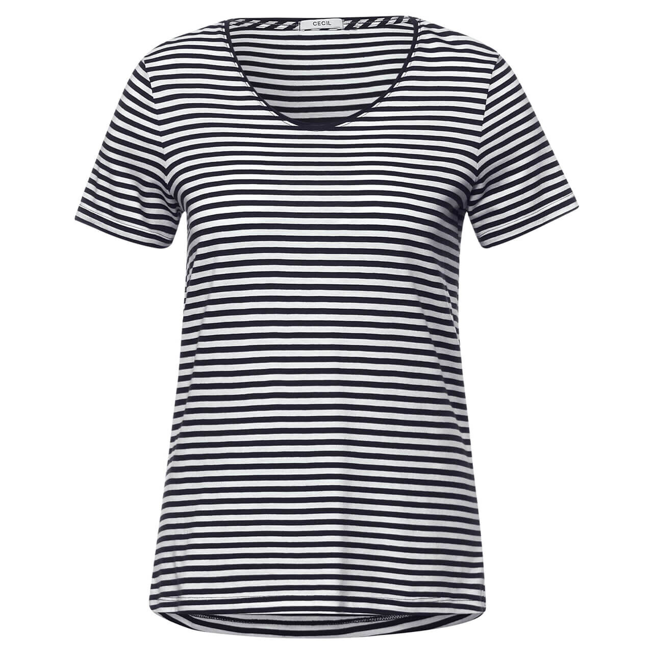 Cecil Striped Rounded V-neck T-Shirt für Damen in Dunkelblau gestreift, FarbNr.: 20128