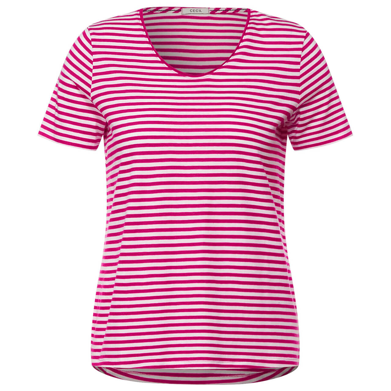 Cecil Striped Rounded V-Neck T-Shirt für Damen in Pink gestreift, FarbNr.: 23822