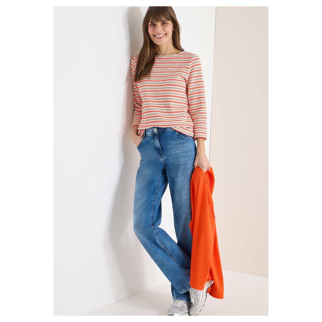 Damen 3/4 Arm Shirt Multi Stripe Knit von Cecil in Orange-Rot, Ganzkörperansicht am Model