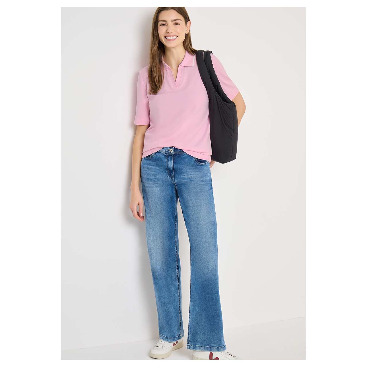 Damen Poloshirt Piqué von Cecil in Rosa, Ganzkörperansicht Model