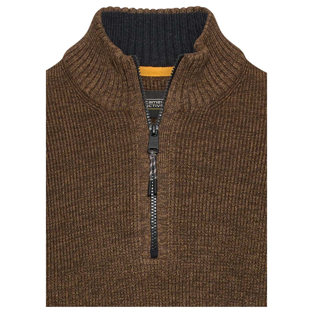 Herren Pullover Troyer von Camel active in der Farbe Dunkelbraun meliert, detaillierte Vorderansicht Kragen