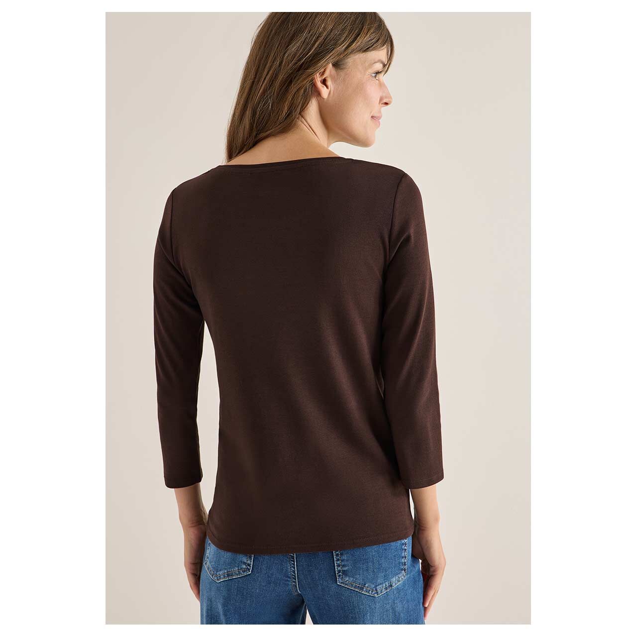 Damen 3/4 Arm Shirt Basic Boatneck von Cecil in Dunkelbraun, Rückansicht am Model