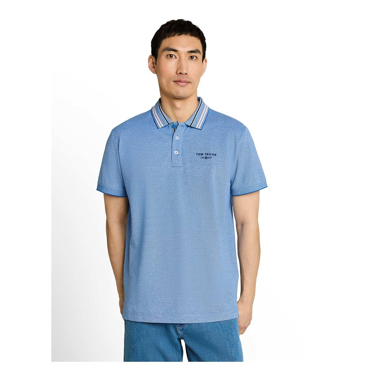 Herren Poloshirt von Tom Tailor in Blau meliert, Vorderansicht am Model
