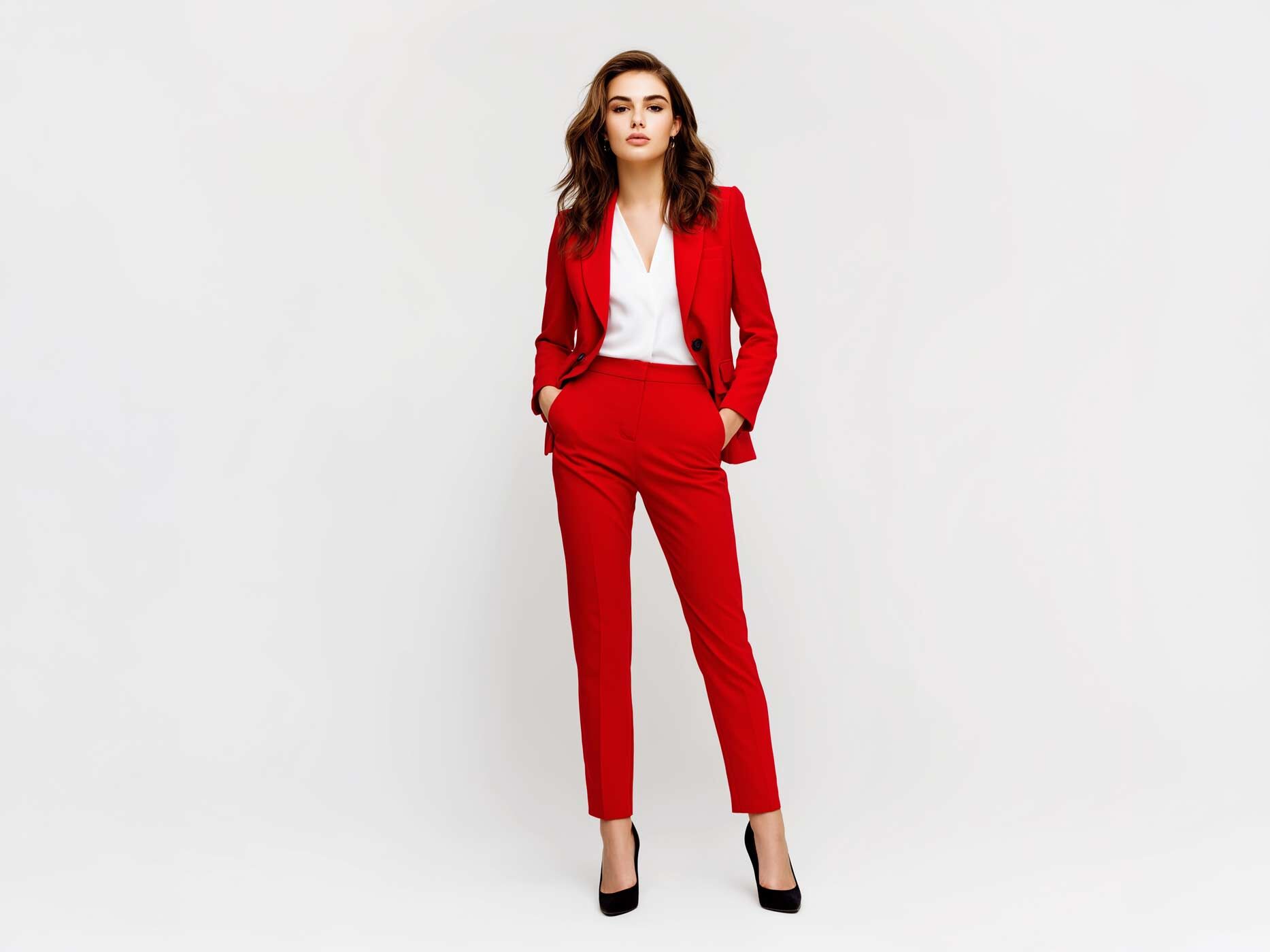 Eine Frau trägt eine rote Anzughose, einen gleichfarbigen Blazer und eine weiße Bluse, dazu schwarze Pumps.