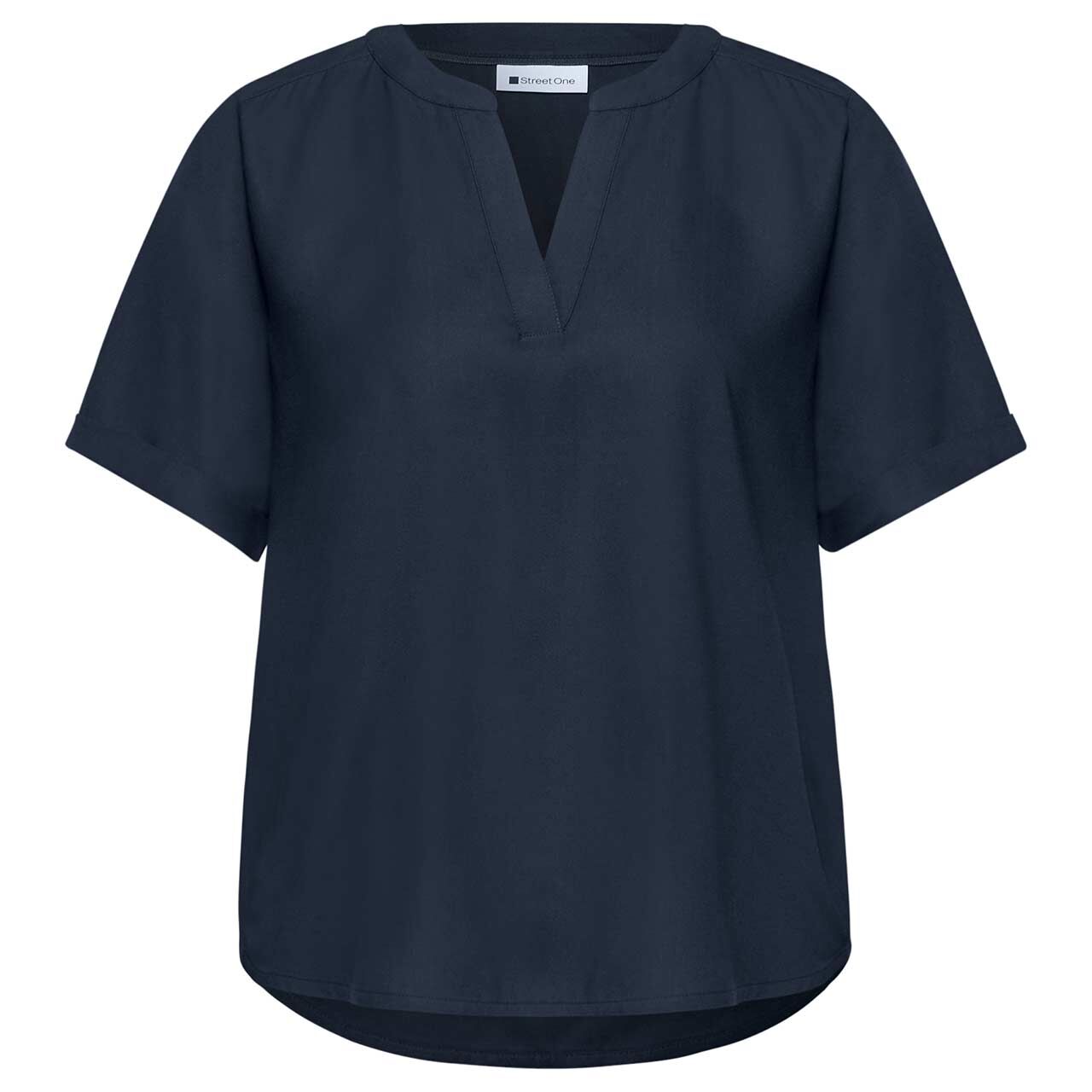 Street One Damen Kurzarm Bluse Splitneck Turn-Up shadowed navy