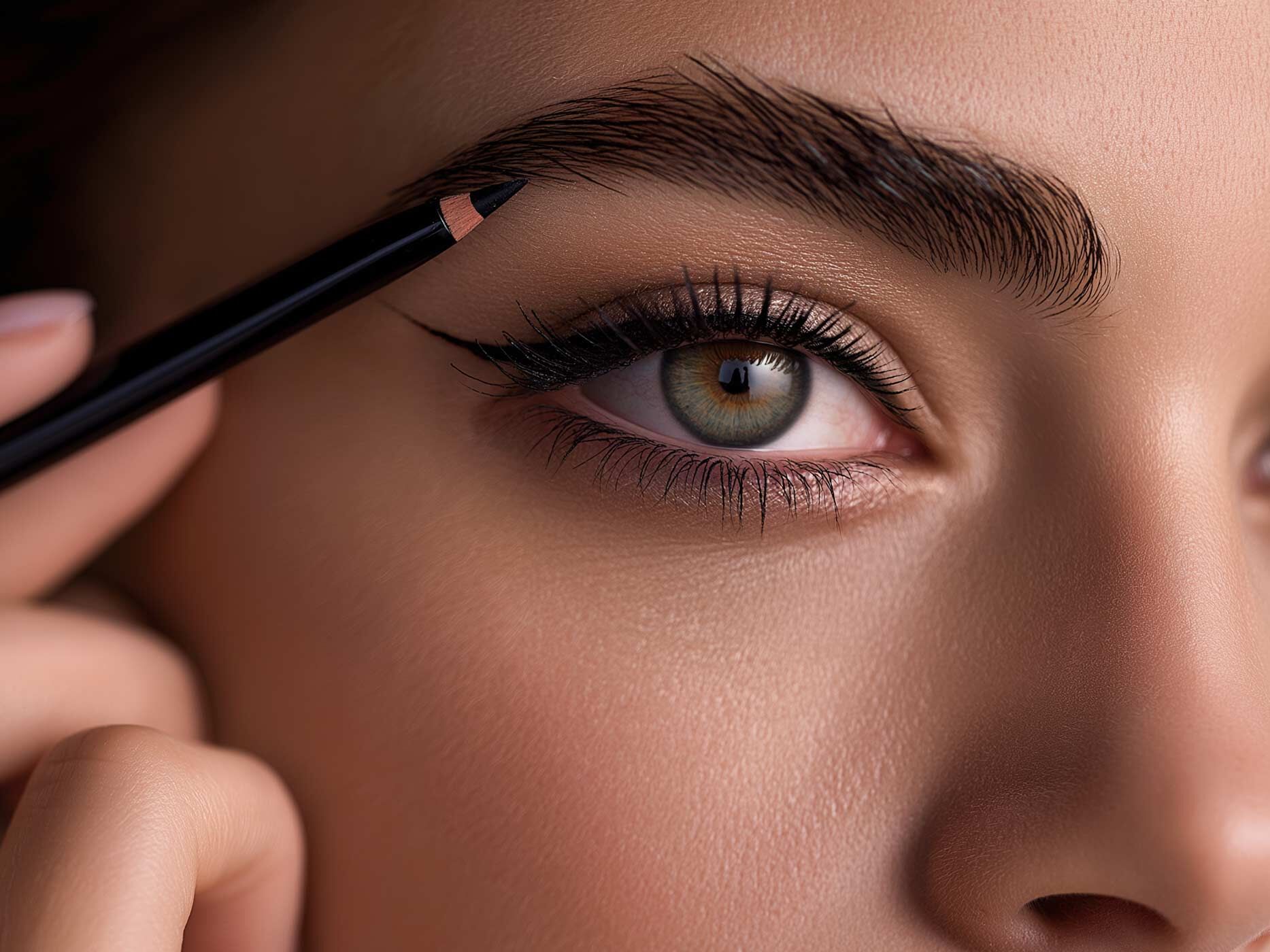Nahaufnahme von der Augenbraue einer Frau, sie malt ihre Augenbraue gerade mit einem braunen Stift aus.