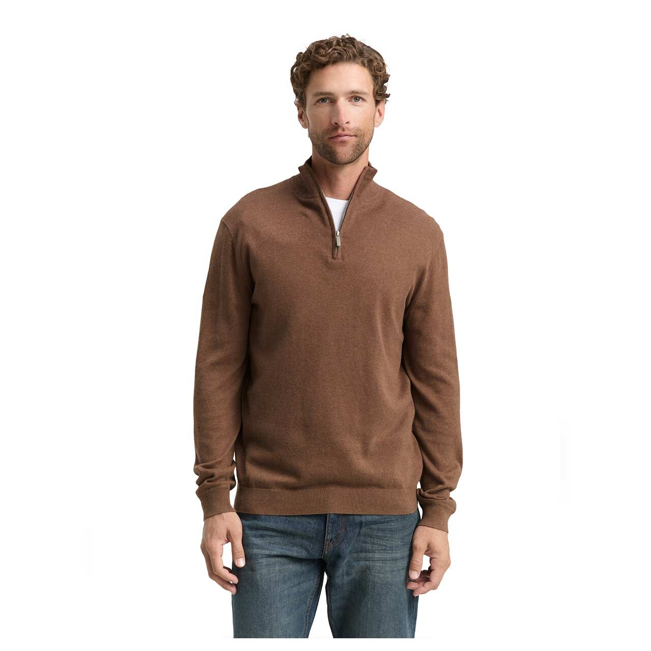 Herren Pullover Troyer Cashmere Knitted von Tom Tailor in Braun meliert, Vorderansicht am Model