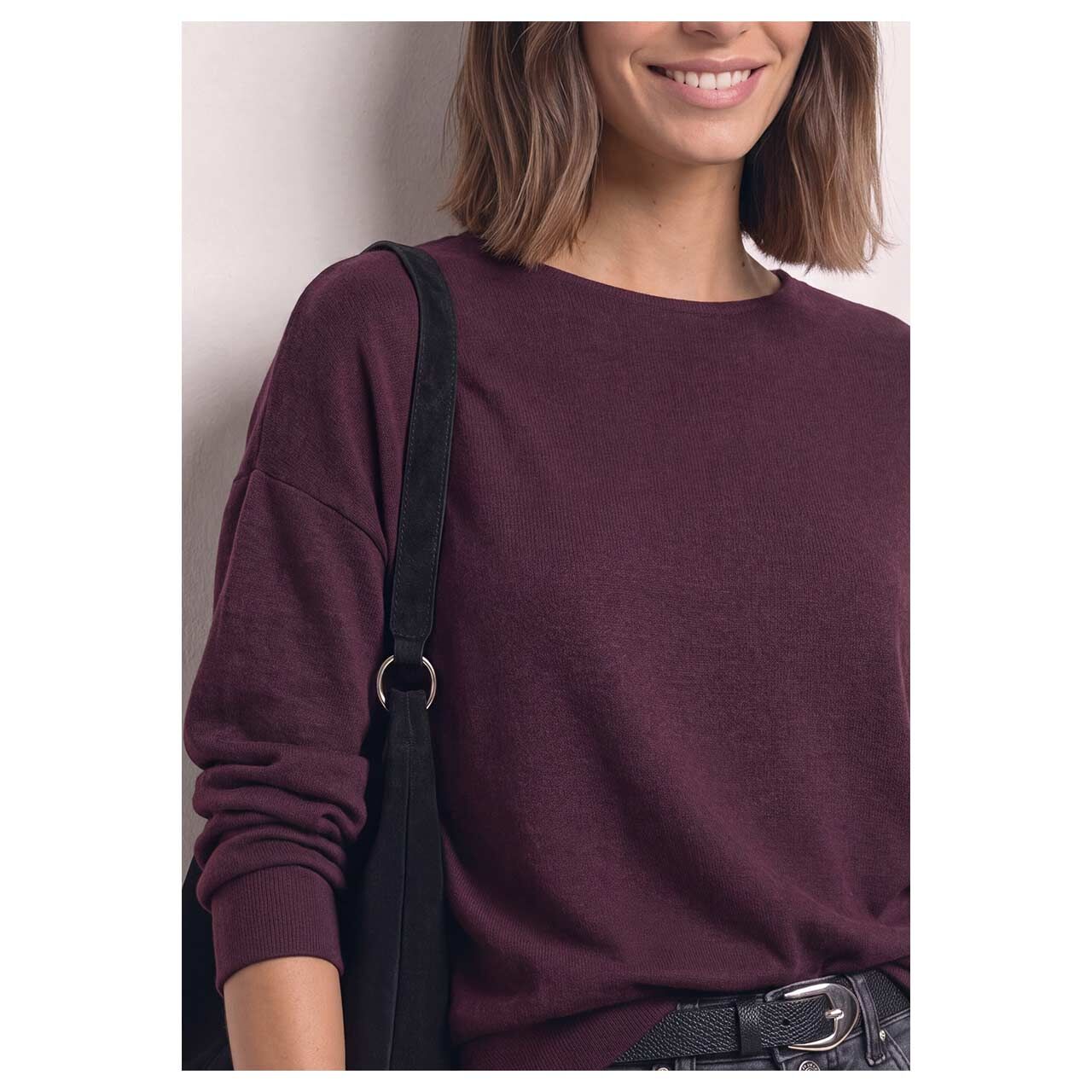 Damen Langarm Shirt Soft Bottom Cuff von Street One in Lila meliert, detaillierte Vorderansicht am Model