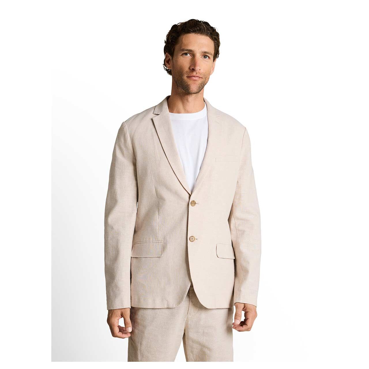 Herren Leinen Sakko Cotton Linen Blazer von Tom Tailor in Beige meliert, Vorderansicht am Model