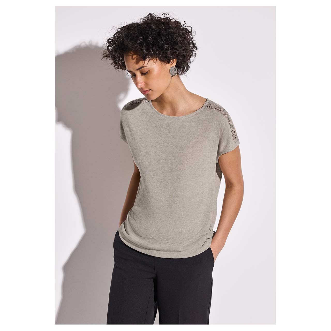 Street One Damen T-Shirt Linen Look with Laceshoulder moonstone sand