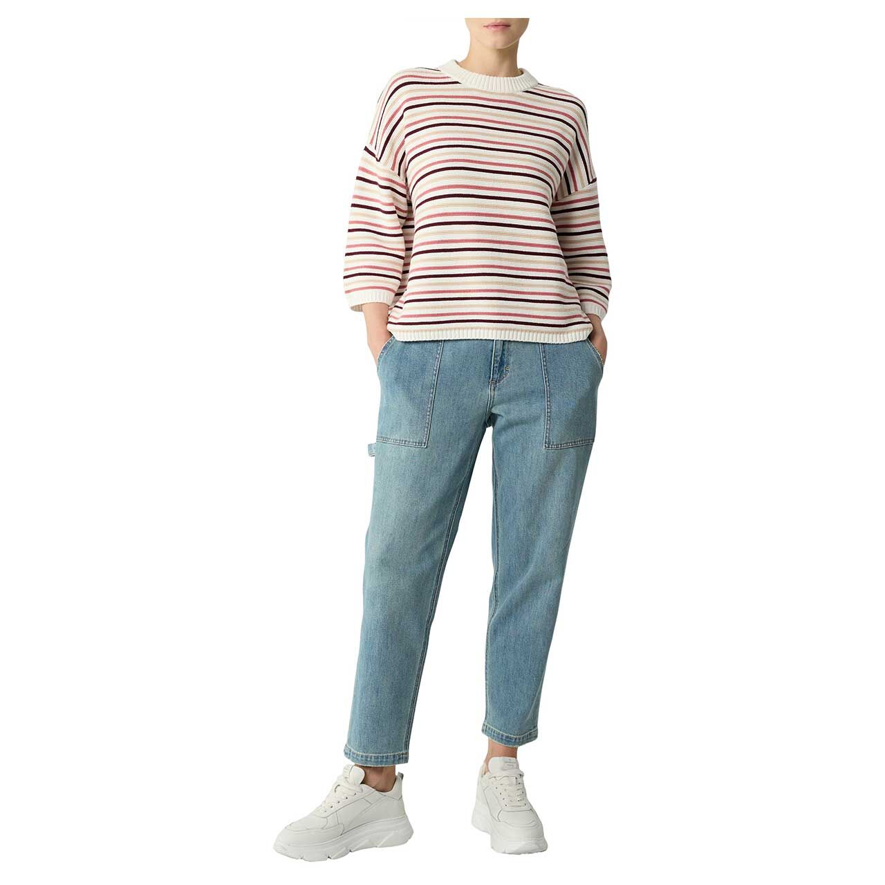 s.Oliver Damen 3/4 Arm Pullover in Weiß gestreift, Ganzkörper Vorderansicht Model