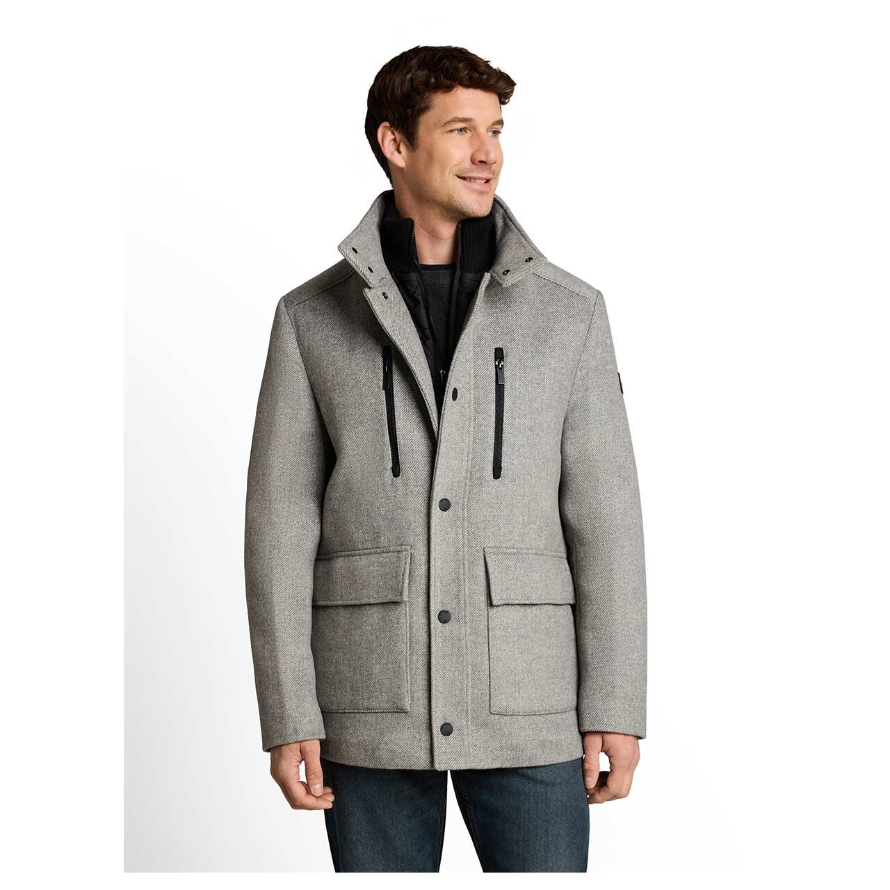 Herren Mantel Wool Coat 2 in 1 von Tom Tailor in Grau meliert, Vorderansicht am Model