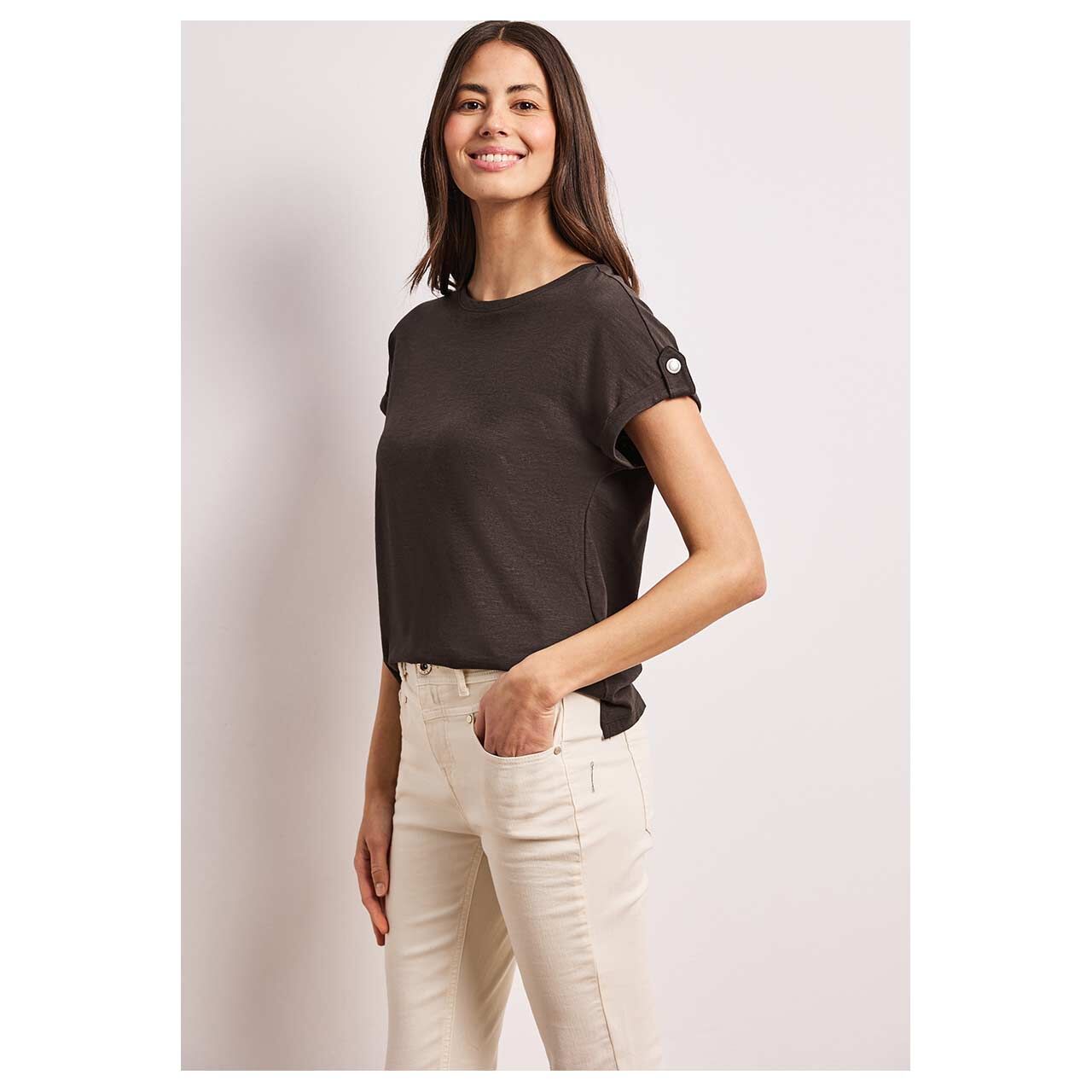 Damen T-Shirt Basic Deco Buttons von Street One in Dunkelbraun meliert, Vorderansicht am Model