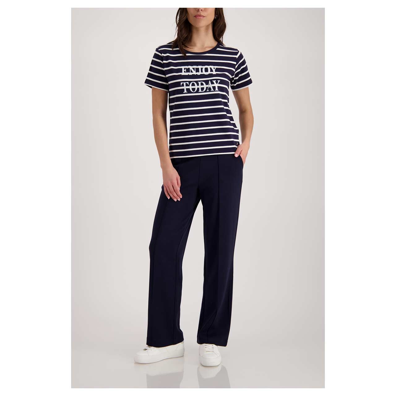 Damen T-Shirt von Monari in Dunkelblau gestreift, Ganzkörperansicht