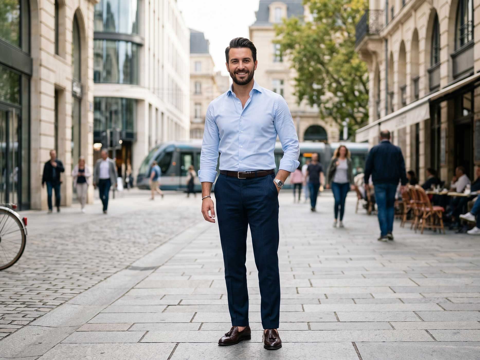 Ein Mann tr&auml;gt eine dunkelblaue Stoffhose mit hellblauem Hemd und braunen Lederschuhen. Er steht in einer belebten Innenstadt zwischen modernen Geb&auml;uden und zeigt, wie sich Dunkelblau stilvoll und gepflegt kombinieren l&auml;sst.