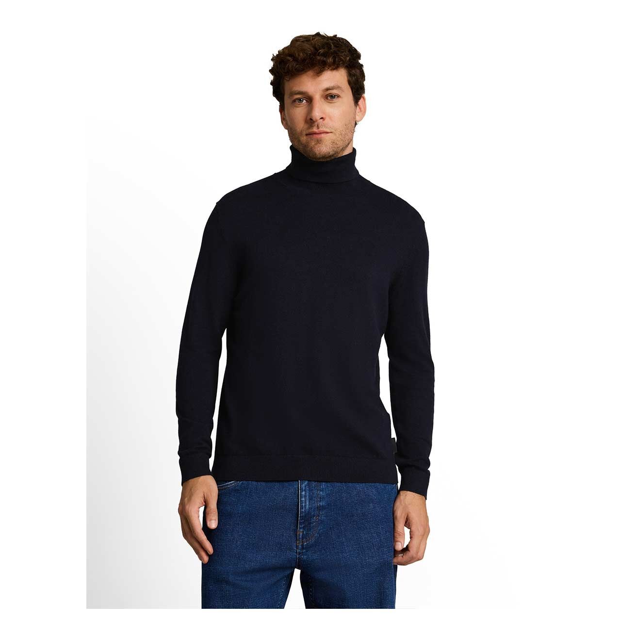 Herren Rollkragen Pullover Cashmere Turtleneck Knit von Tom Tailor in Dunkelblau meliert, Vorderansicht am Model