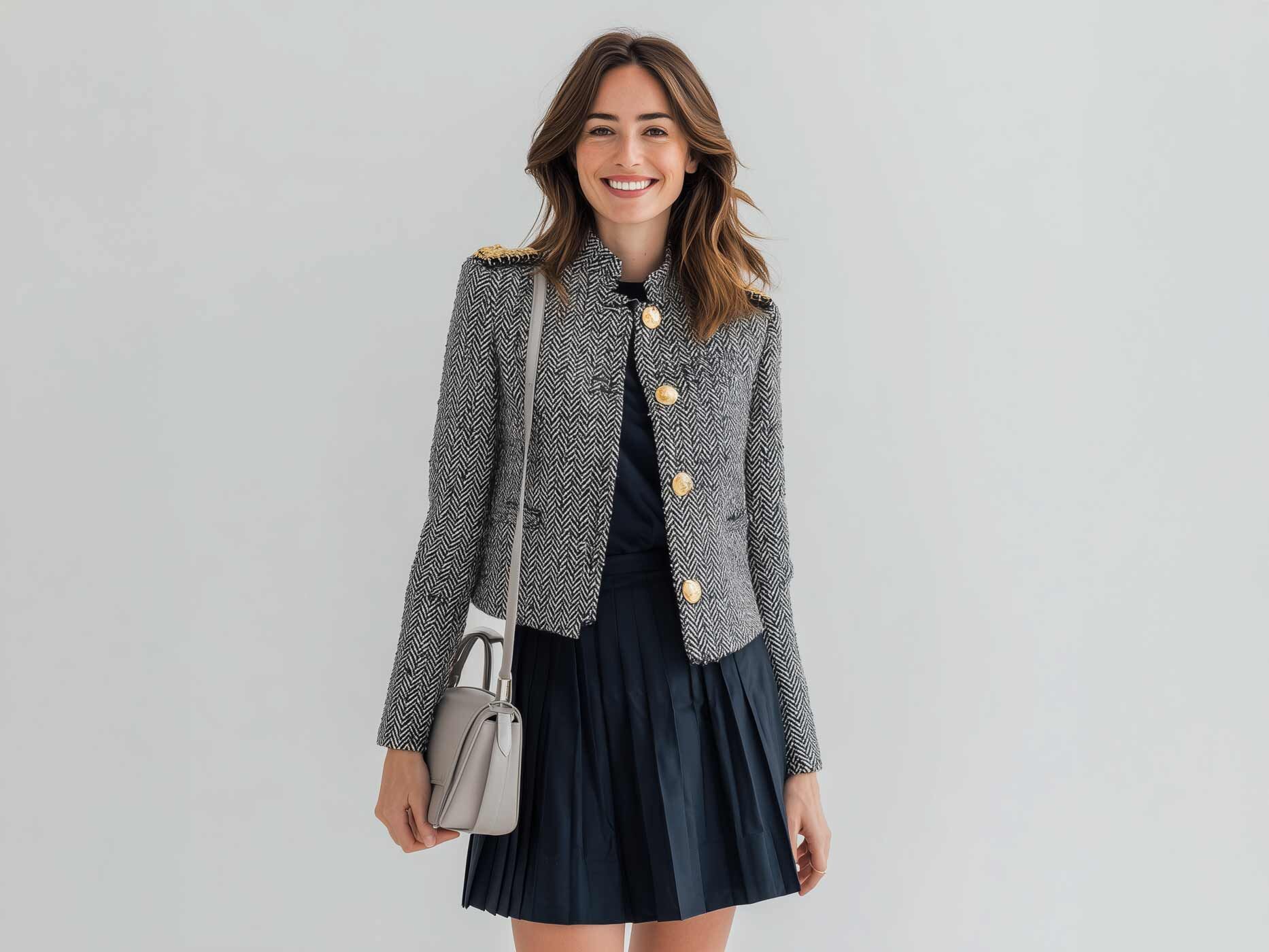 Eine Frau trägt ein dunkelblaues, knielanges Kleid, darüber eine elegante, kurze Wolljacke mit schwarz-weißem Fischgrätenmuster, die vorne geknöpft ist und goldene Knöpfe an den Schultern hat und dazu eine kleine hellgraue Handtasche.