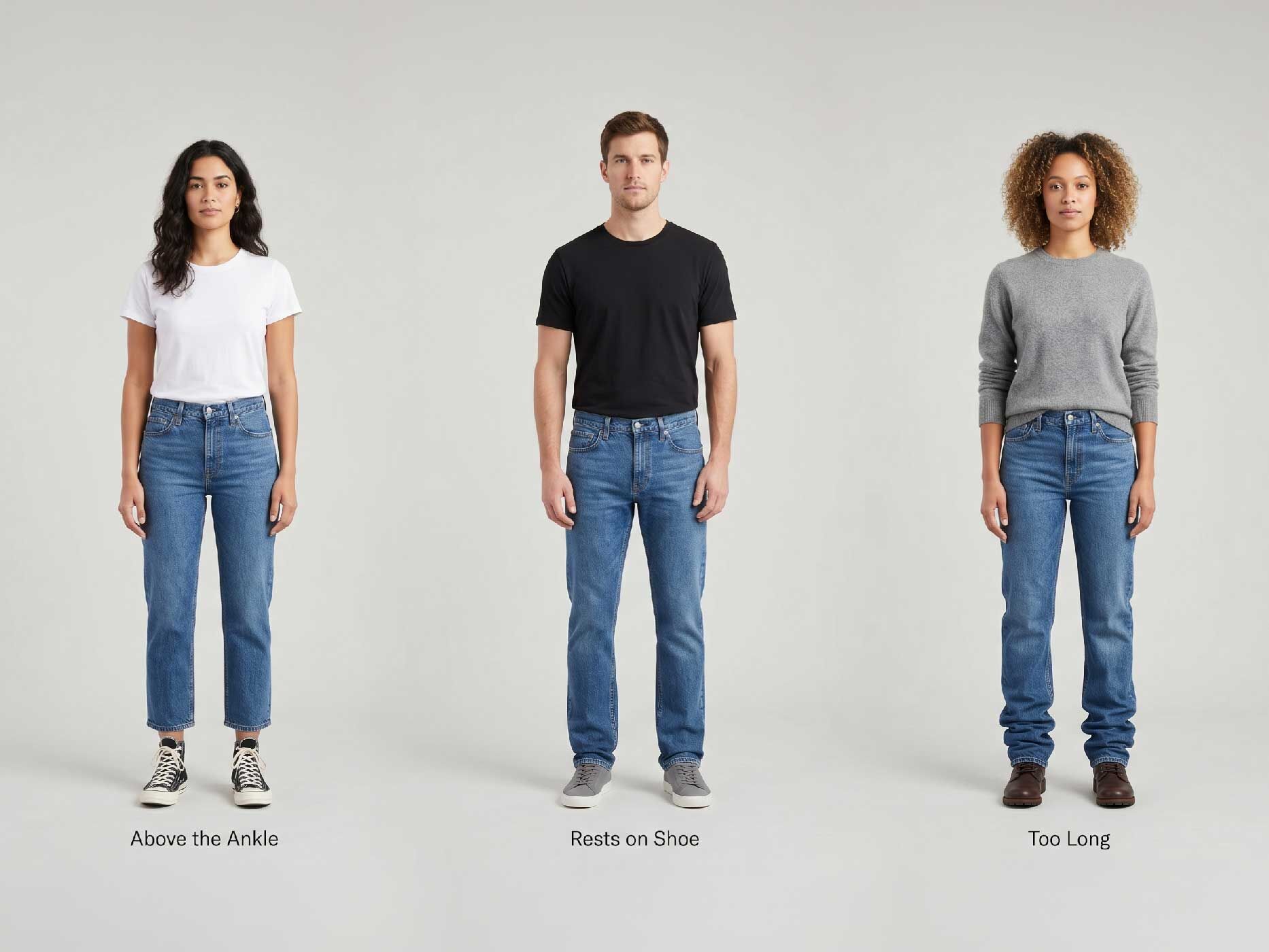 Drei Personen stehen vor neutralem Hintergrund und tragen blaue Jeans in unterschiedlichen Beinl&auml;ngen. Die linke Jeans endet knapp &uuml;ber dem Kn&ouml;chel, die mittlere liegt leicht auf dem Schuh auf und die rechte ist deutlich zu lang. Die Gegen&uuml;berstellung zeigt die Wirkung verschiedener Jeansl&auml;ngen auf die Gesamtoptik.