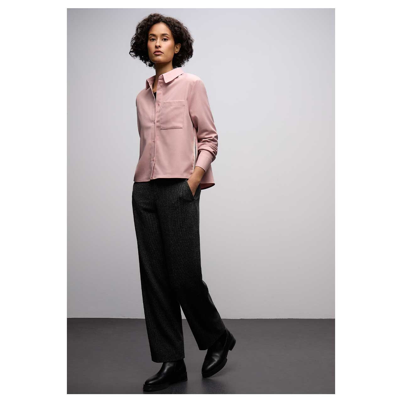 Damen Langarm Bluse Melange Shirtcollar von Street One in Rosa, Ganzkörperansicht