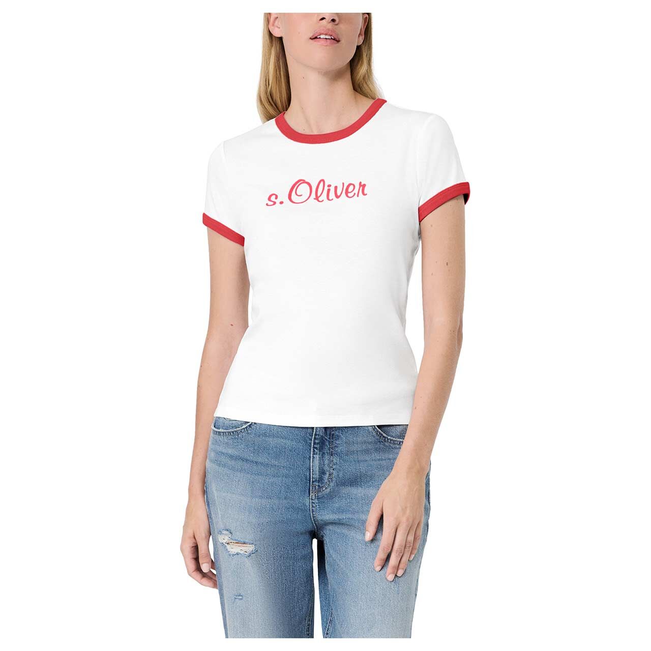 s.Oliver Damen T-Shirt in Weiß mit Print, Vorderansicht am Model