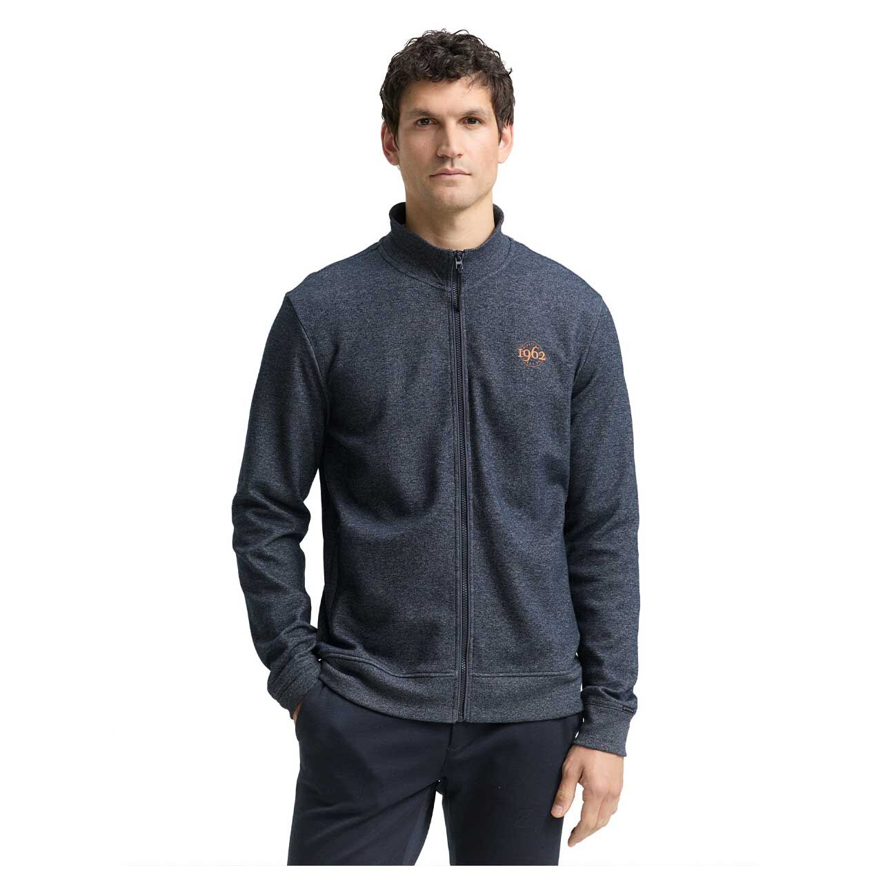 Herren Sweatjacke Stand-up Jacket von Tom Tailor in Dunkelblau meliert, Vorderansicht am Model