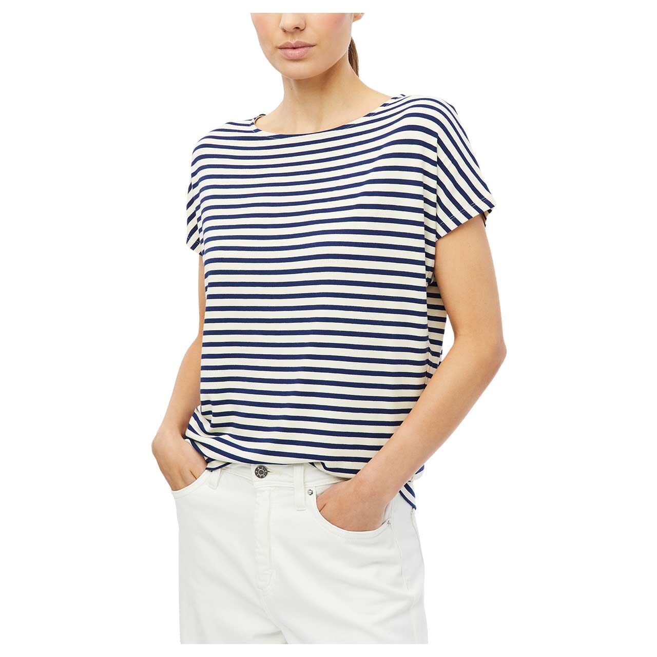 s. Oliver Damen T-Shirt in Dunkelblau gestreift, Ganzkörperansicht am Model