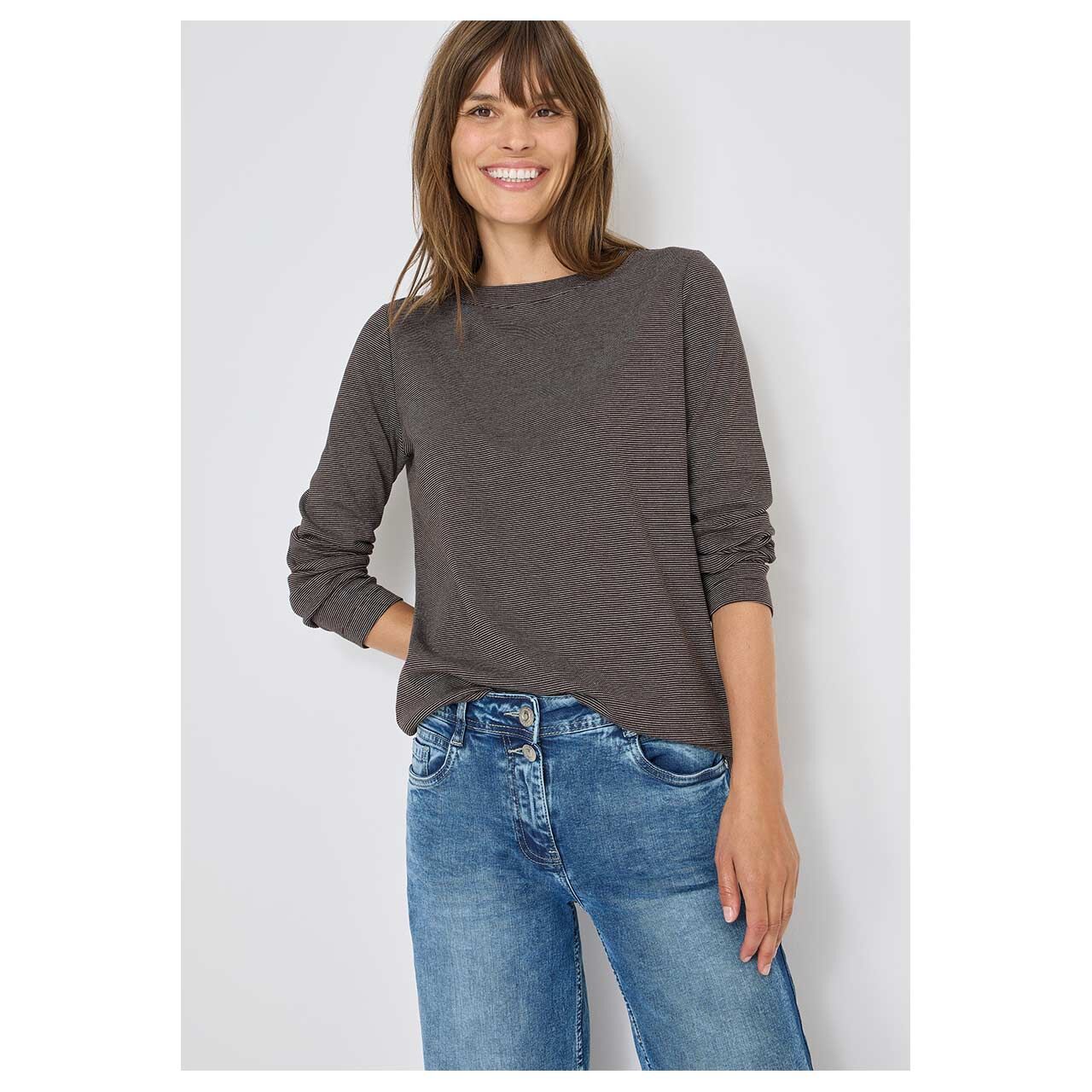Cecil Damen Langarm Shirt Small Striped Boatneck tartufo brown